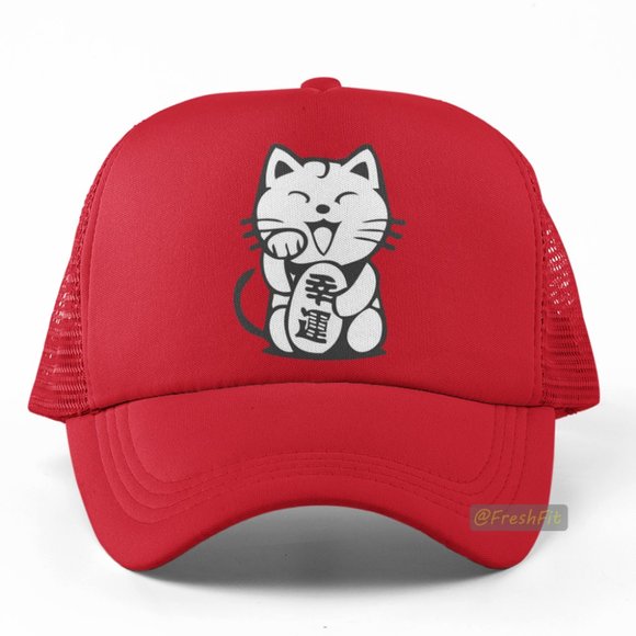 🆕Lucky Cat Maneki Neko Red Foam Trucker Hat Mesh Snapback Cap - Picture 1 of 2